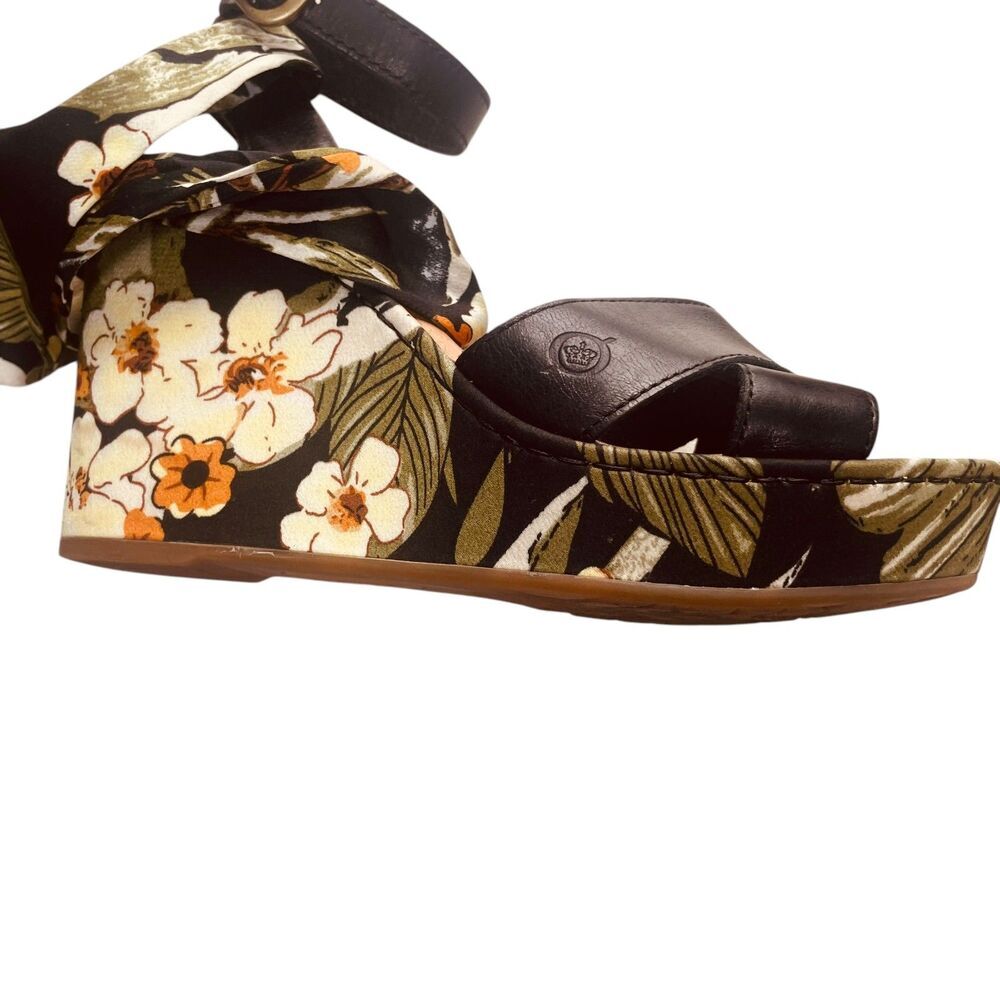 BORN Salton Wedge Sandal Black Leather Fabric Covered Heel - Picture 8 of 13